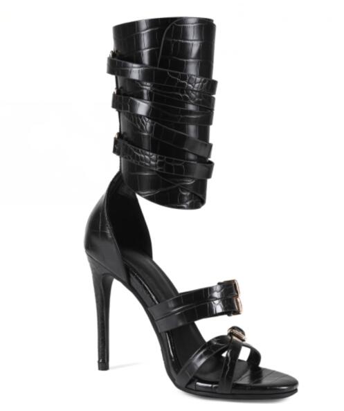 Sexy Black Leather Open Toe Cr - Sandal Strappy Heeled 评论和价格